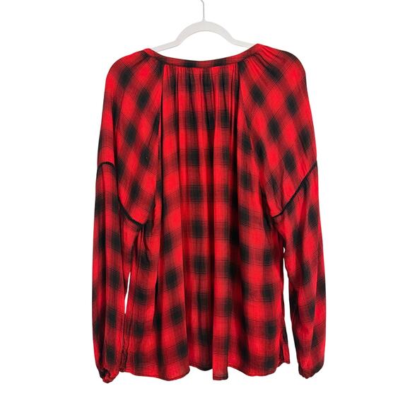 reCreation Womans XL Red Buffalo Plaid Crochet Velour Tassel Balloon Sleeve Top - Picture 2 of 11